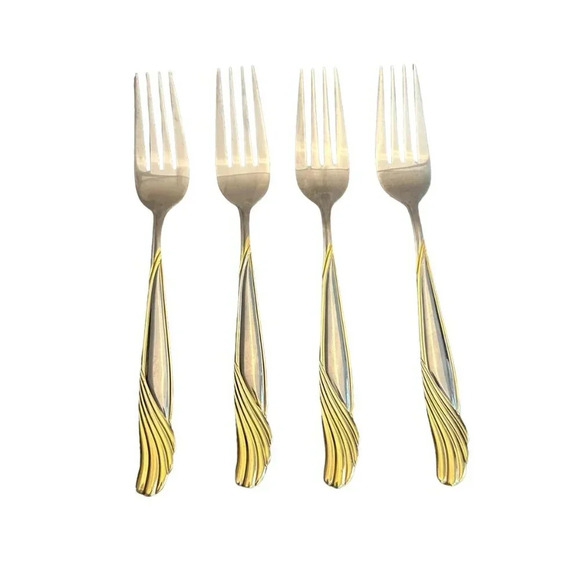 Cambridge Stainless Florentine Set of 4 Dinner Forks Large Silver Gold 7 7/8" - Picture 1 of 9